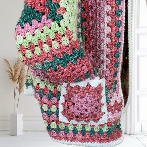 Handcrafted Crochet Granny Square Hexagon Sweater Cardigan New Open Front - Picture 6 of 12